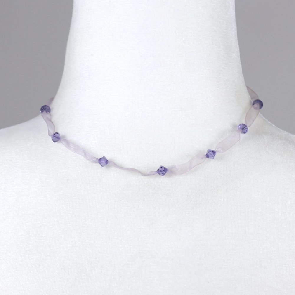Purple Organza Ribbon Beaded Choker Necklace with Sterling Silver 925 Clasp